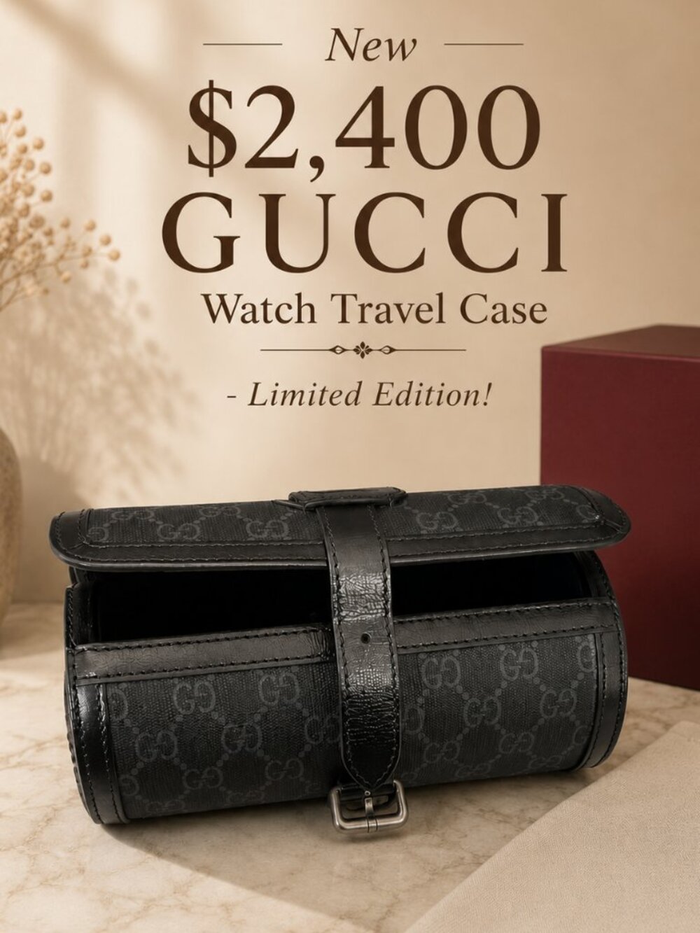 $2,400 New, Authentic GUCCI Supreme Monogram Calfskin Watch Travel Case Black
